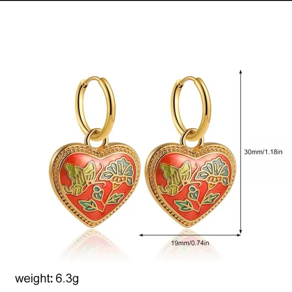 Vintage Ethnic Red Enamel 18K Gold Stainless Steel Gold Heart Earrings - Picture 6 of 8